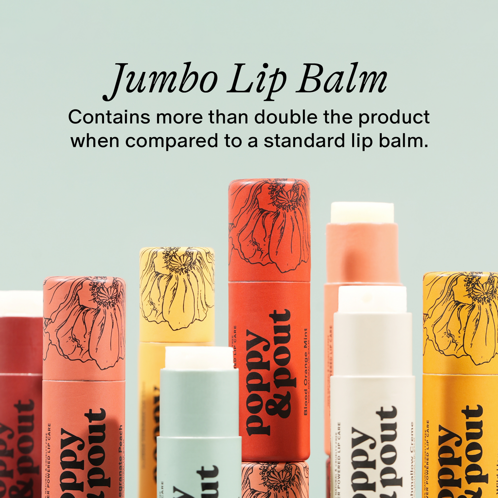 Collection of Jumbo Lip Balms with branding and product description on a light green background