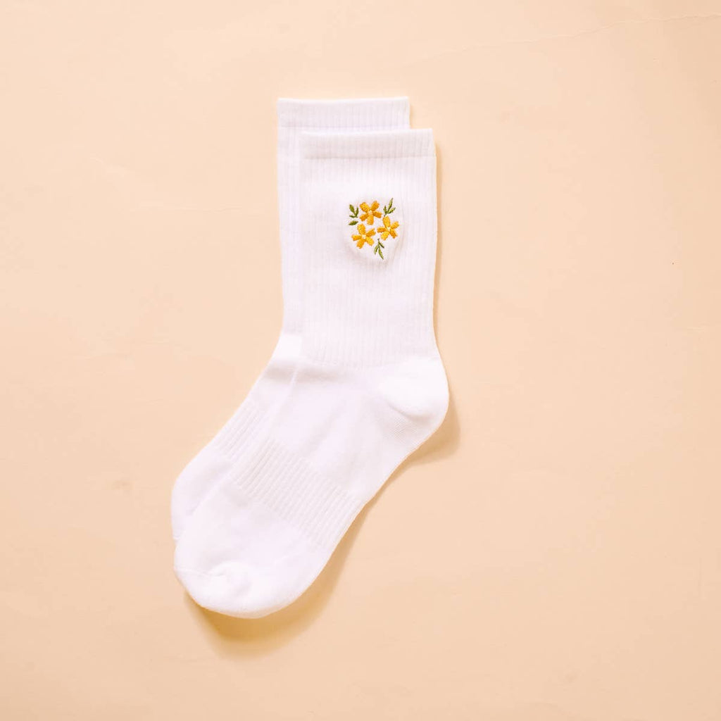 Floral Embroidered Crew Socks - Yellow
