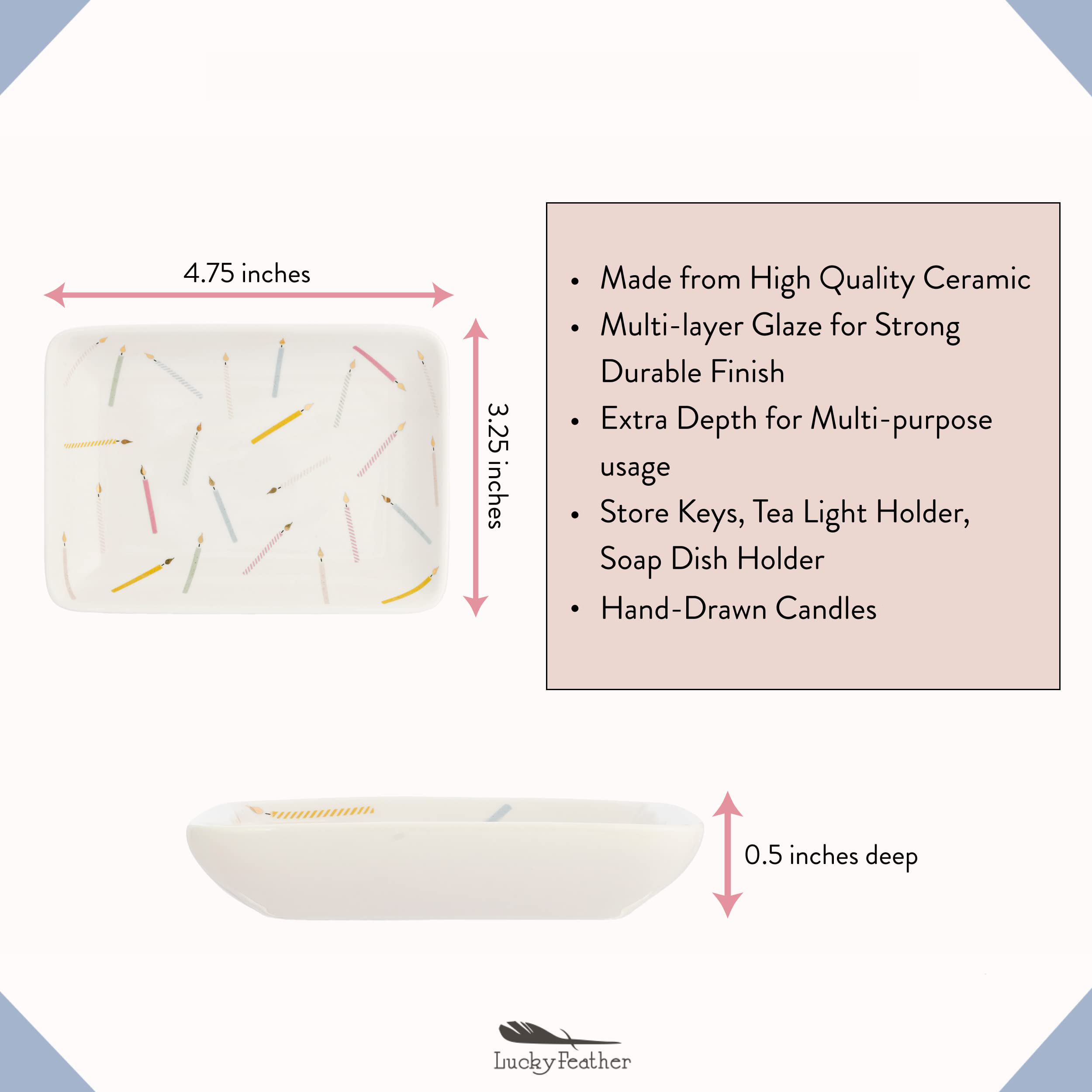 Ceramic product with dimensions and features listed on a white background