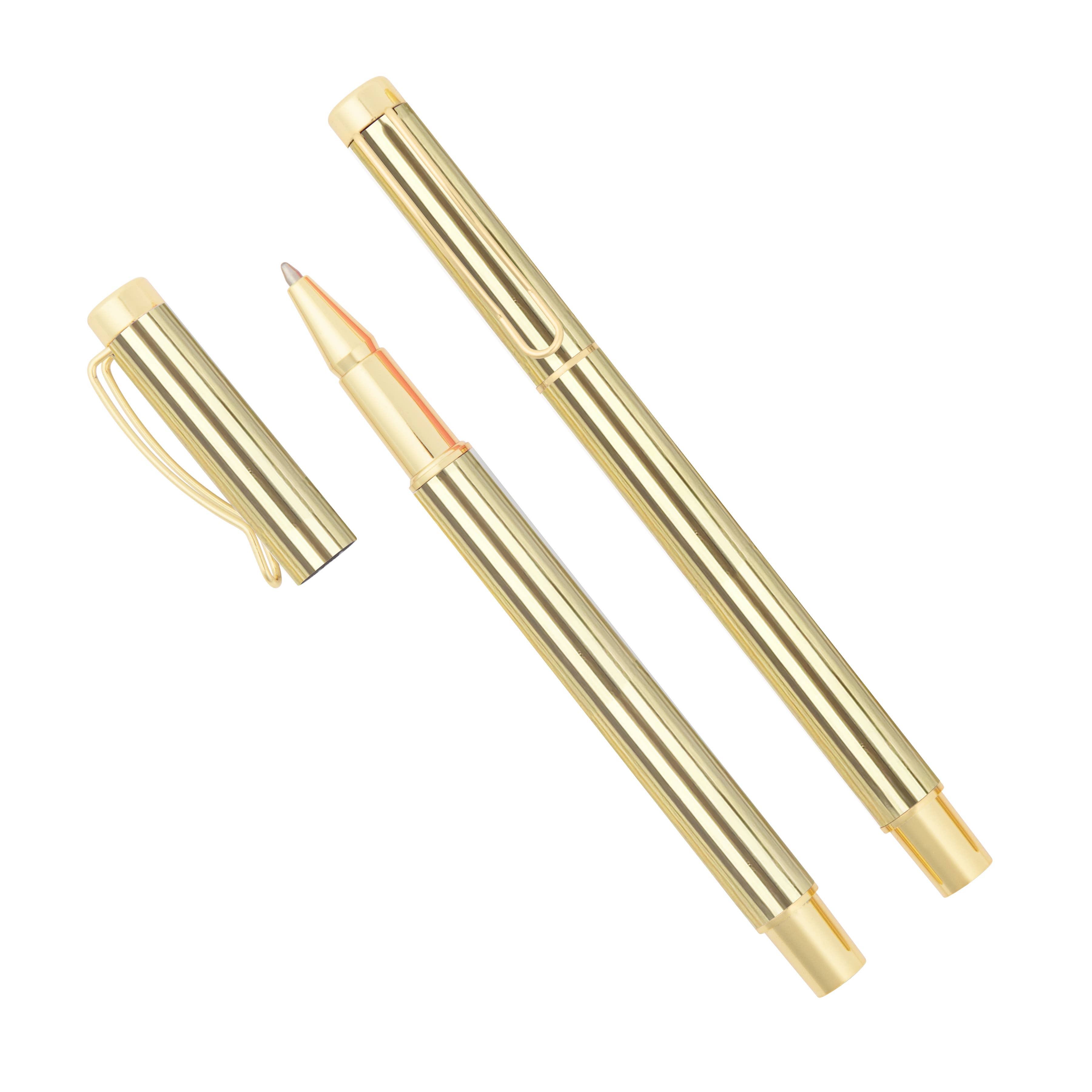 Two gold pens on a white background