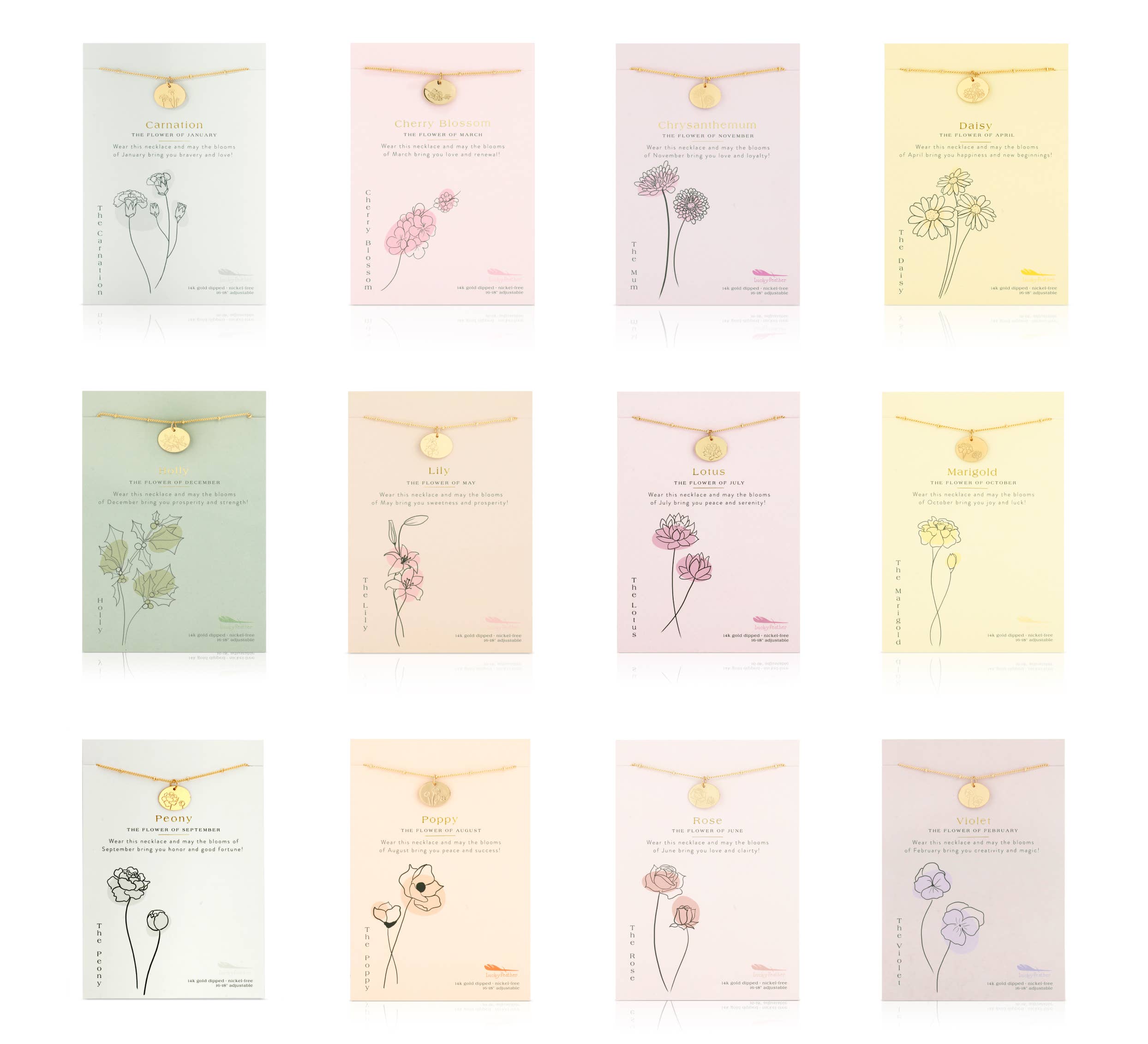 Set of necklaces with floral pendants on branded cards.
