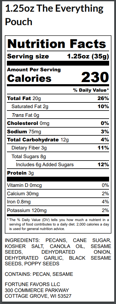 A Nutrition Facts label for a pouch, showing 1.25oz 'The Everything Pouch' with serving size 1.