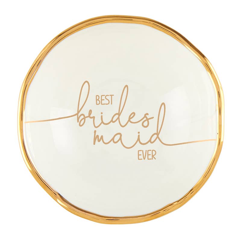 Round white coaster with gold text 'Best Bridesmaid Ever' on a white background