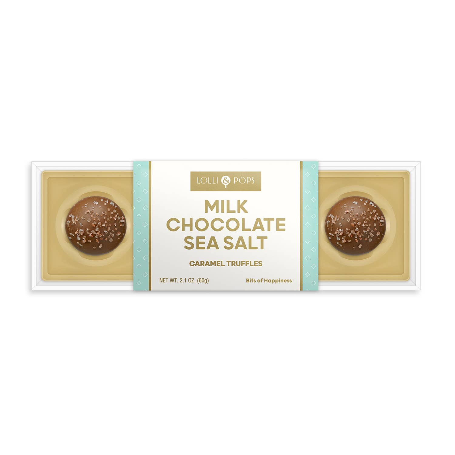 Box of milk chocolate sea salt caramel truffles with Lollipops branding on a white background