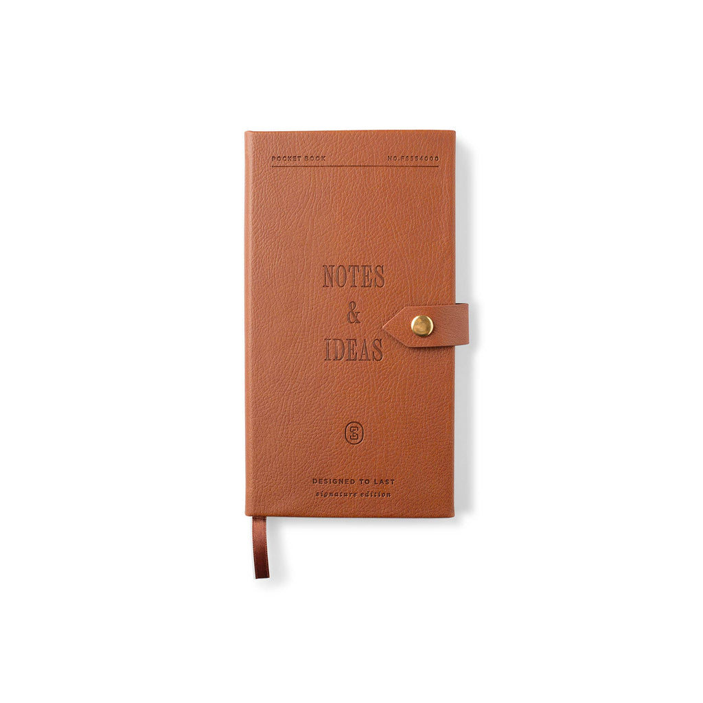 Brown leather notebook with 'Notes & Ideas' text on a white background