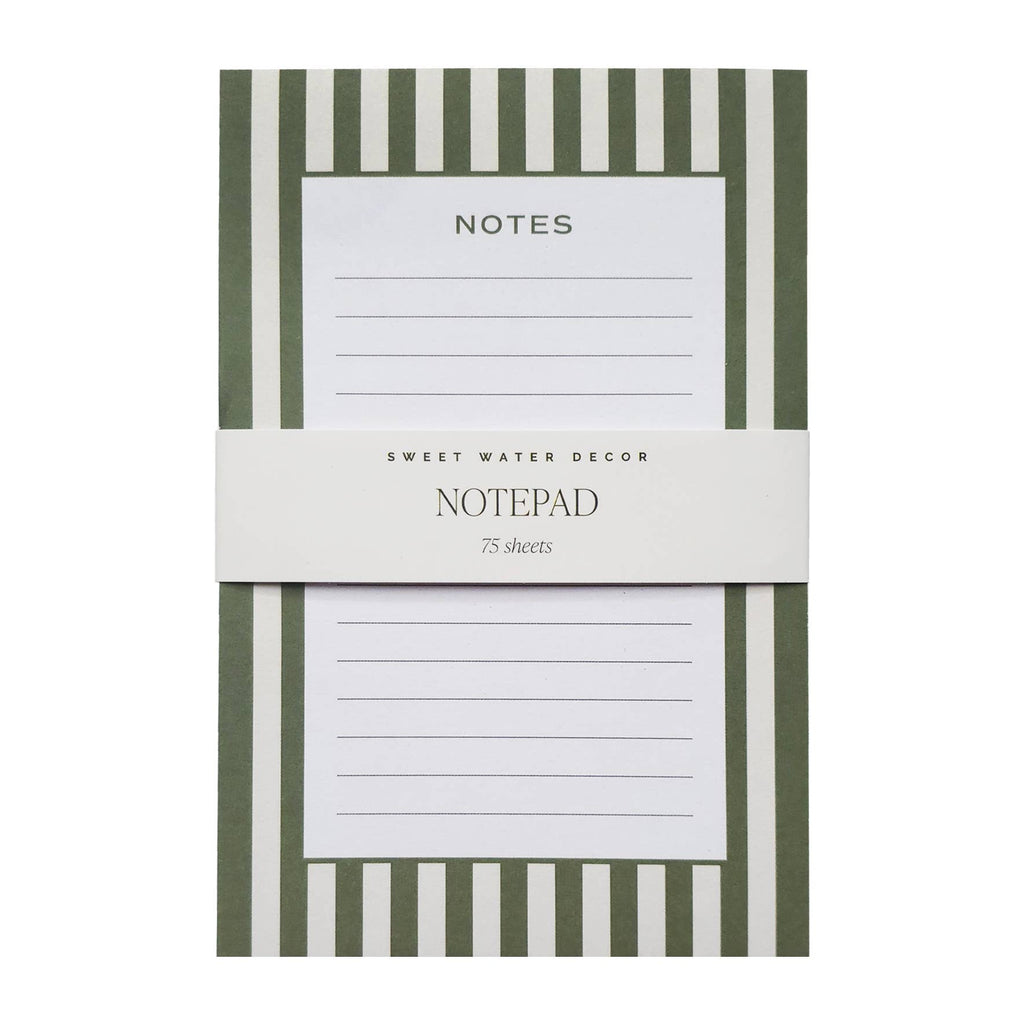 Sweet Water Decor green striped notepad with a packaging band labeled Notepad, 75 sheets.
