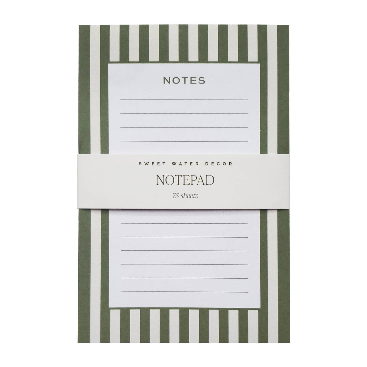 Sweet Water Decor green striped notepad with a packaging band labeled Notepad, 75 sheets.
