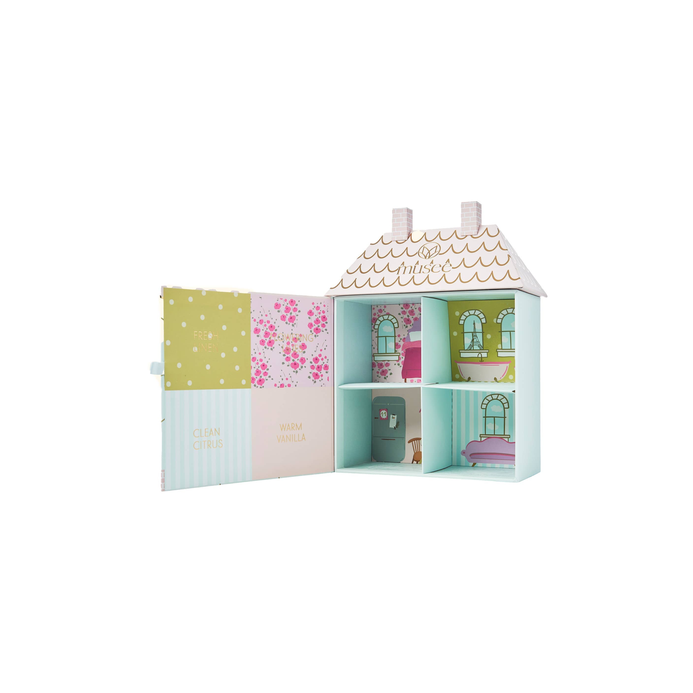 Children's toy dollhouse with colorful exterior and open doors on a white background