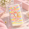 Macaron Long Toast TABA Squishy with pastel pink, blue and yellow frosting, colorful beads and dessert-themed decorations, displayed in clear packaging against a soft pink background with delicate white flowers.