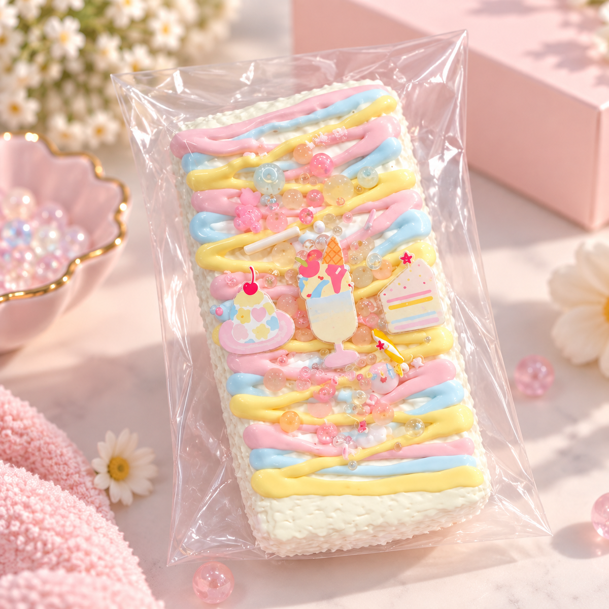 Macaron Long Toast TABA Squishy with pastel pink, blue and yellow frosting, colorful beads and dessert-themed decorations, displayed in clear packaging against a soft pink background with delicate white flowers.