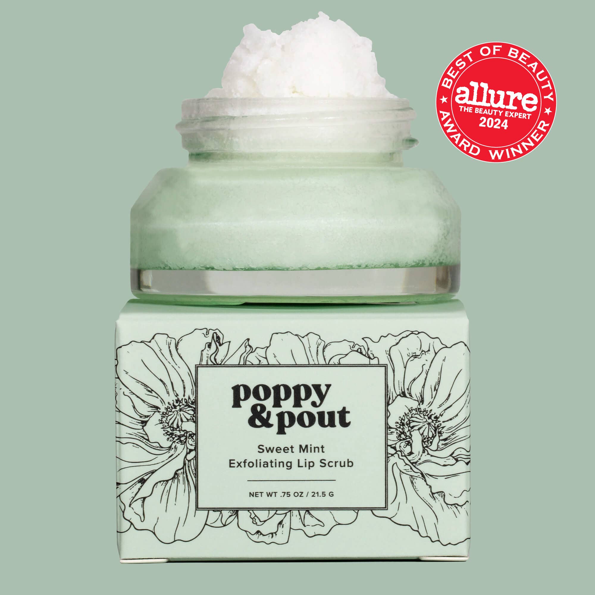 Poppy & Pout Sweet Mint Exfoliating Lip Scrub with Allure Best of Beauty 2024 award on a light green background