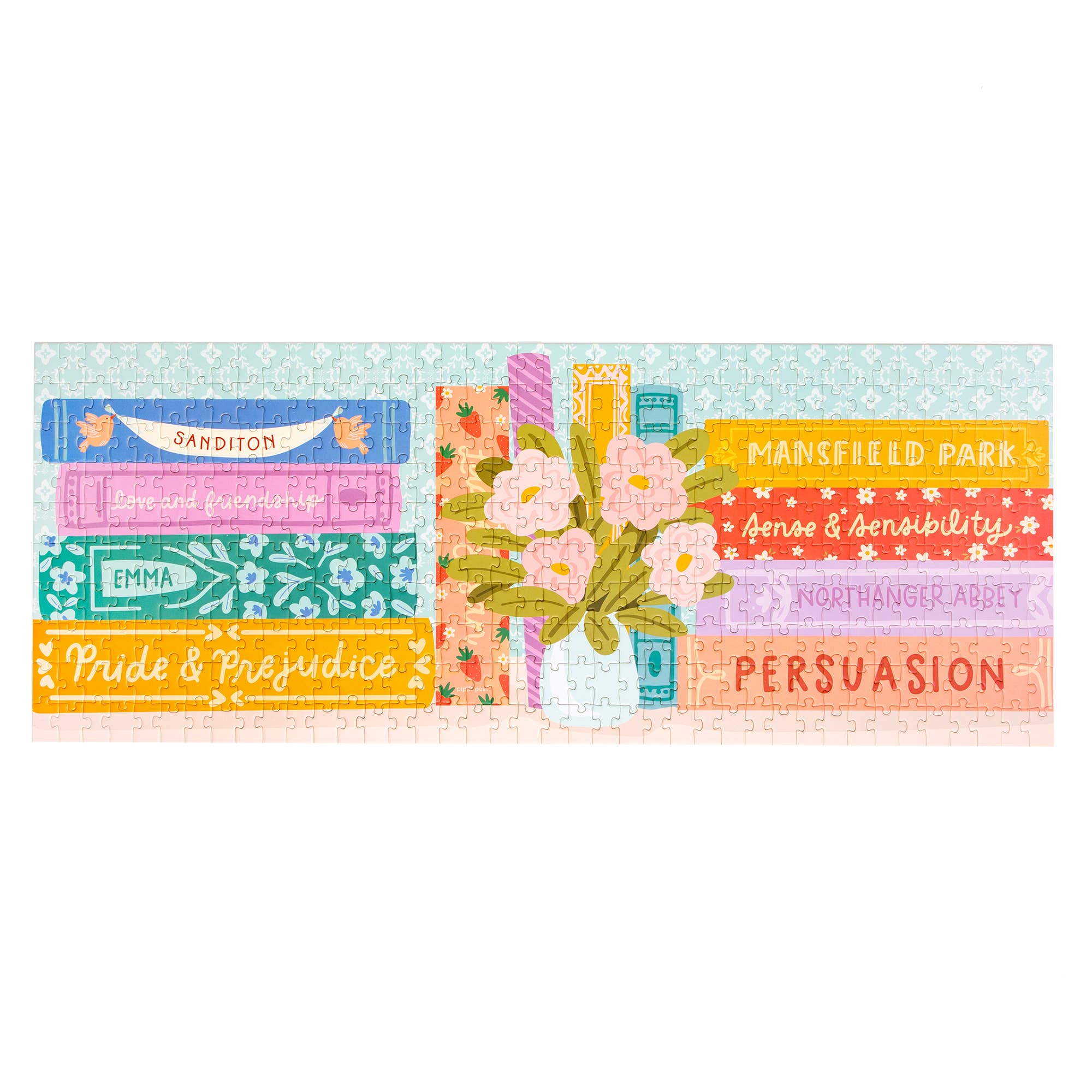 Back of the Jane Austen bookshelf puzzle box displaying completed puzzle artwork and product details.