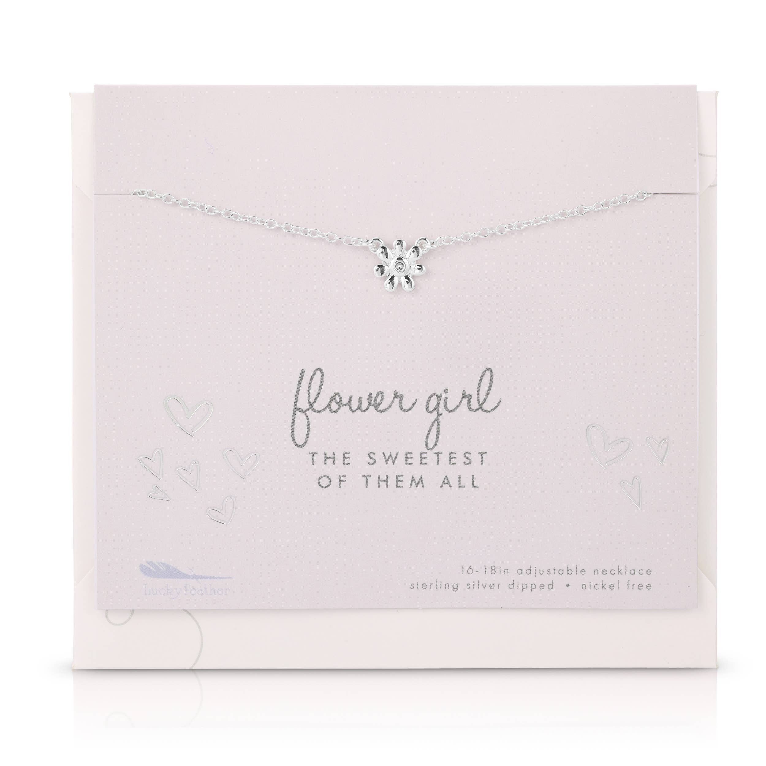 Necklace on a 'flower girl' branded card with a light pink background