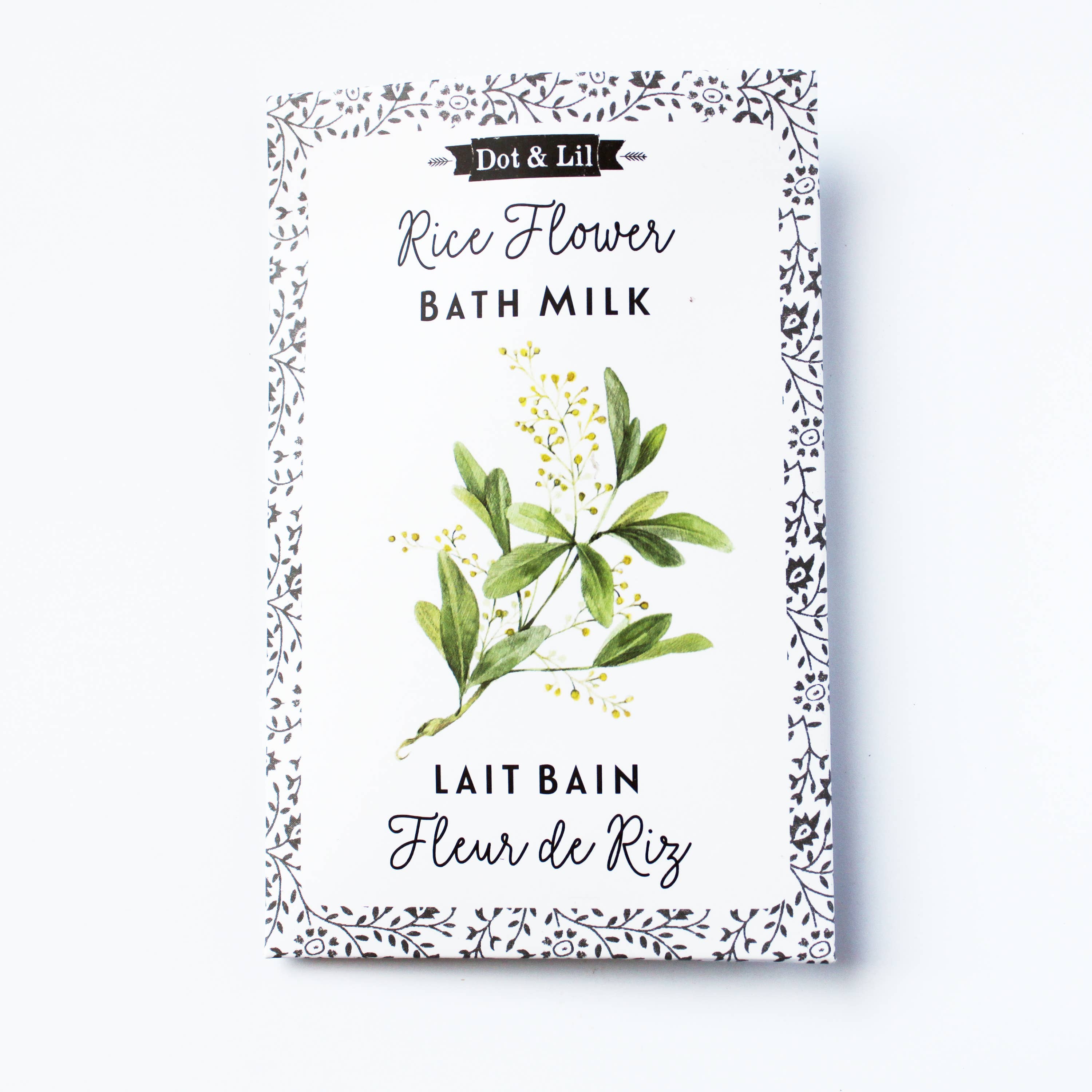 Rice Flower Bath Milk packaging with green leaves and floral design on a white background