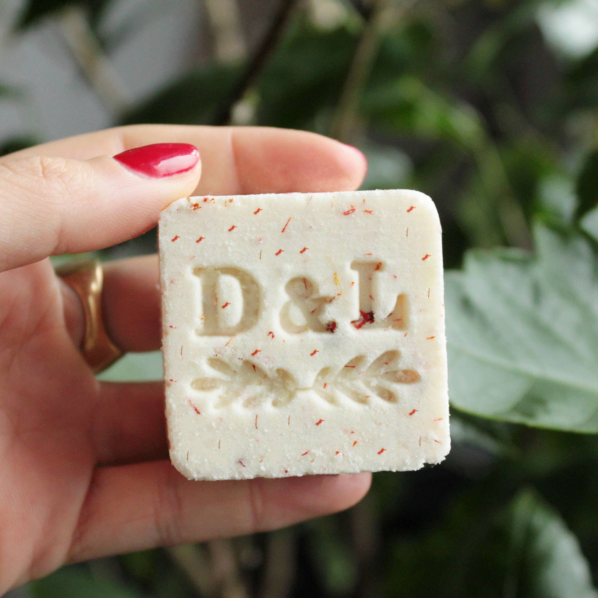 Hand holding a square bar of soap with 'D&L' branding against a green leafy background