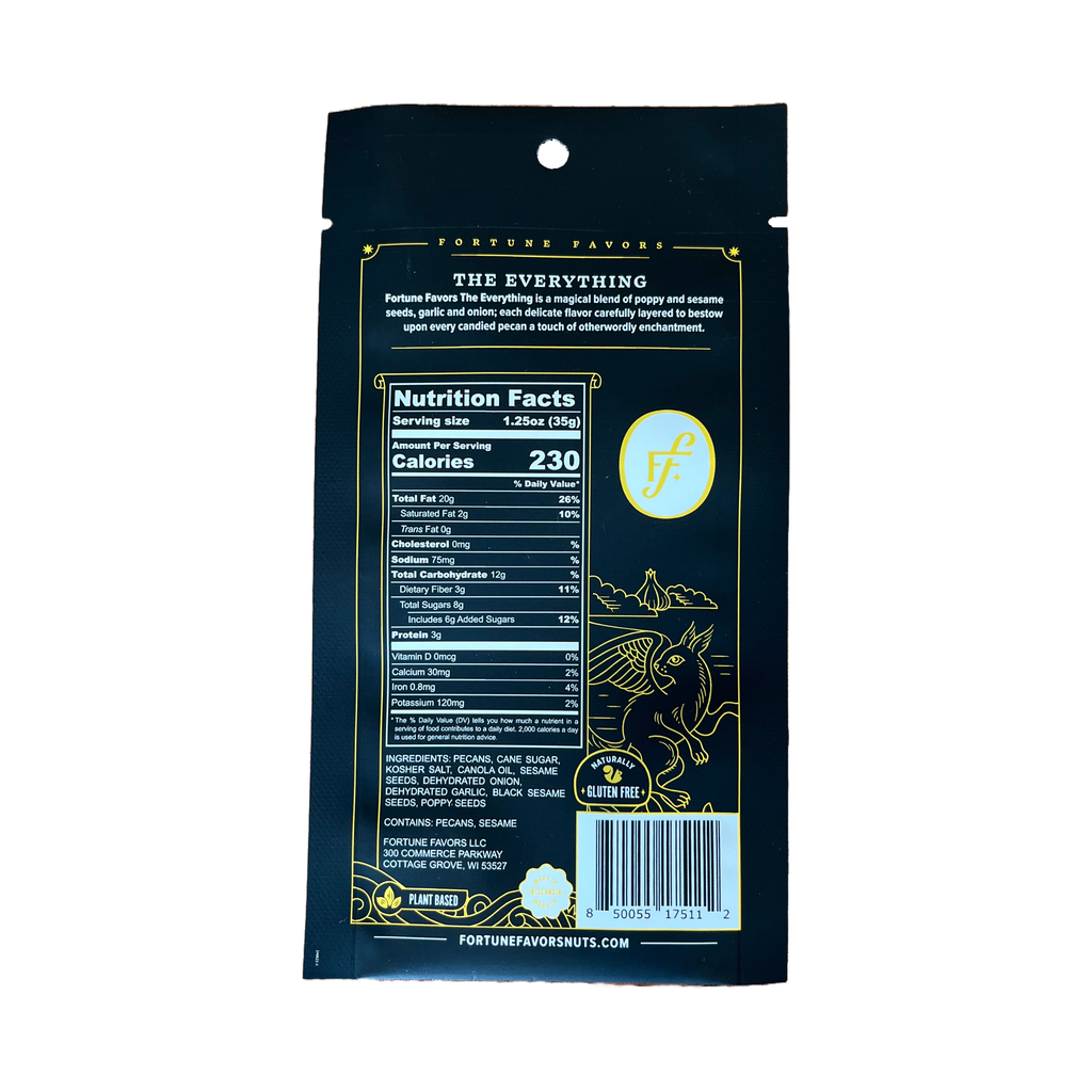 Nutrition facts label on a black package with branding elements.