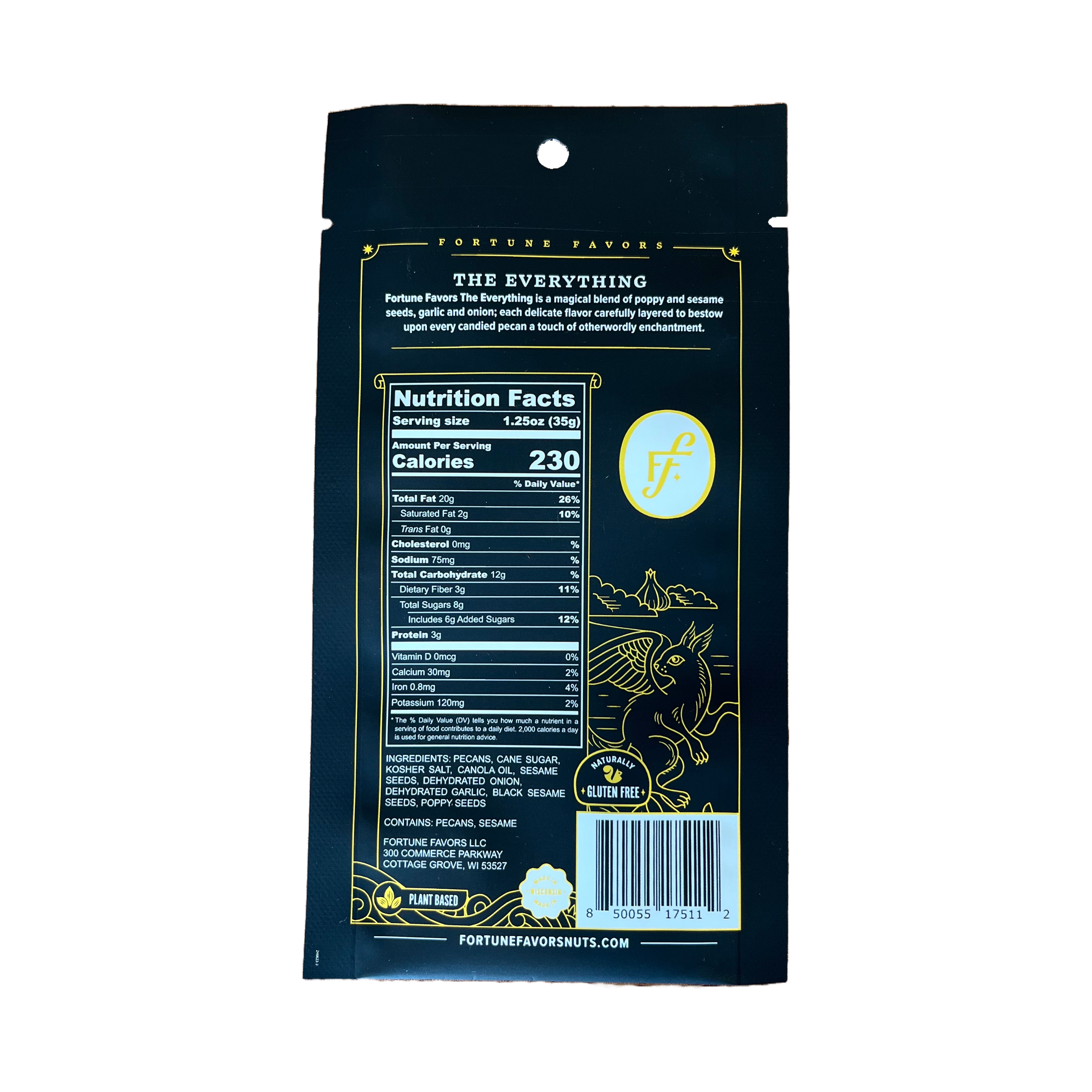 Nutrition facts label on a black package with branding elements.