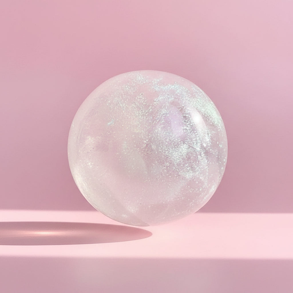 Hand holding a translucent, iridescent crystal ball against a neutral background