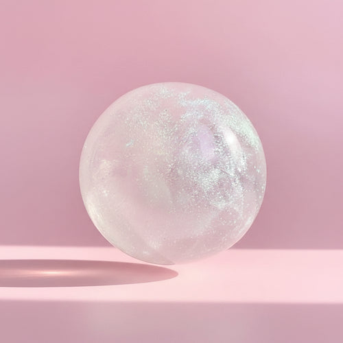 Hand holding a translucent, iridescent crystal ball against a neutral background