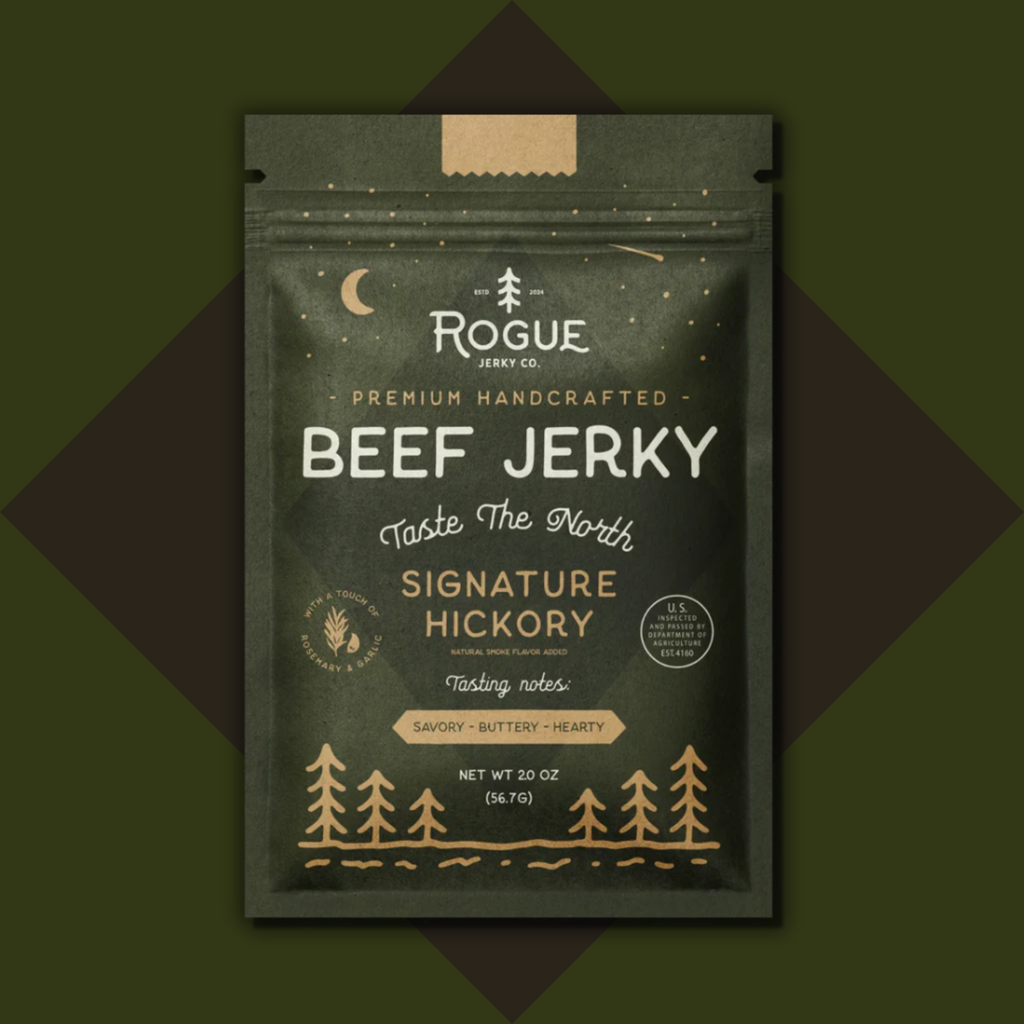 Packaging of Rogue Beef Jerky with a dark green background