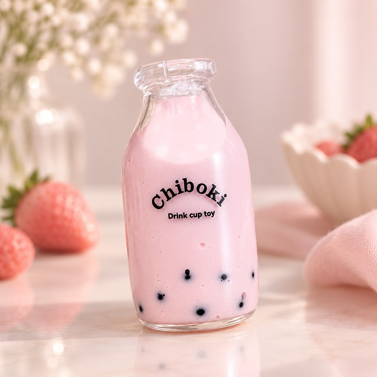 Chiboki Studio Strawberry Bubble Tea Squishy with pink milk tea and boba details styled against a soft blush background with strawberries.