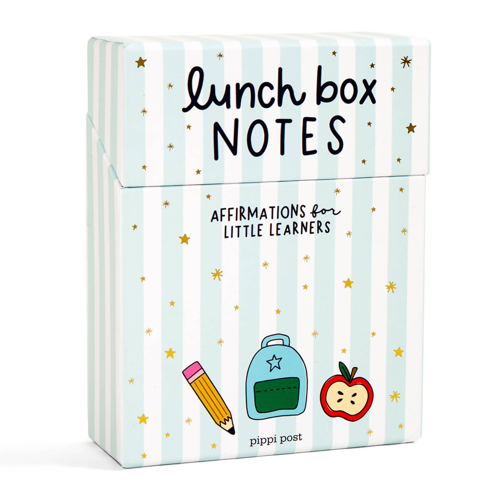 Box of lunch box notes with illustrations of a pencil, backpack, and apple on a striped background.