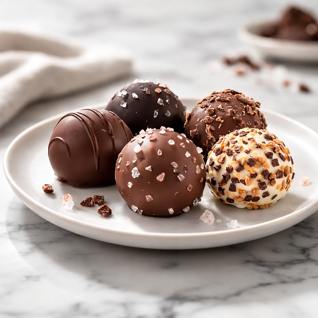 Assorted chocolate truffles on a white plate with a marble background