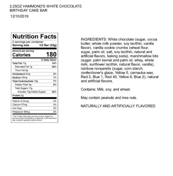 Nutrition facts and ingredients label for Hammond's White Chocolate Birthday Cake Bar.