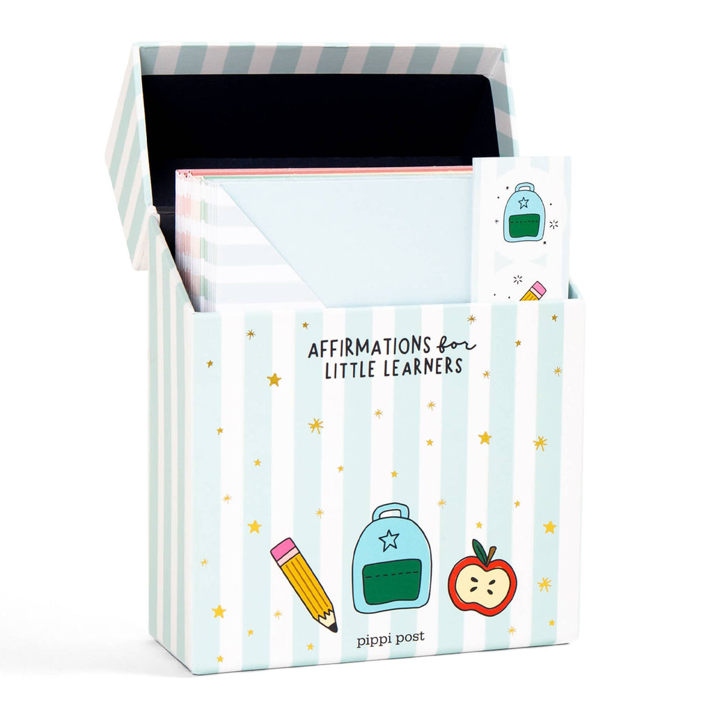 Pipi Post affirmation cards for children with a striped box on a white background