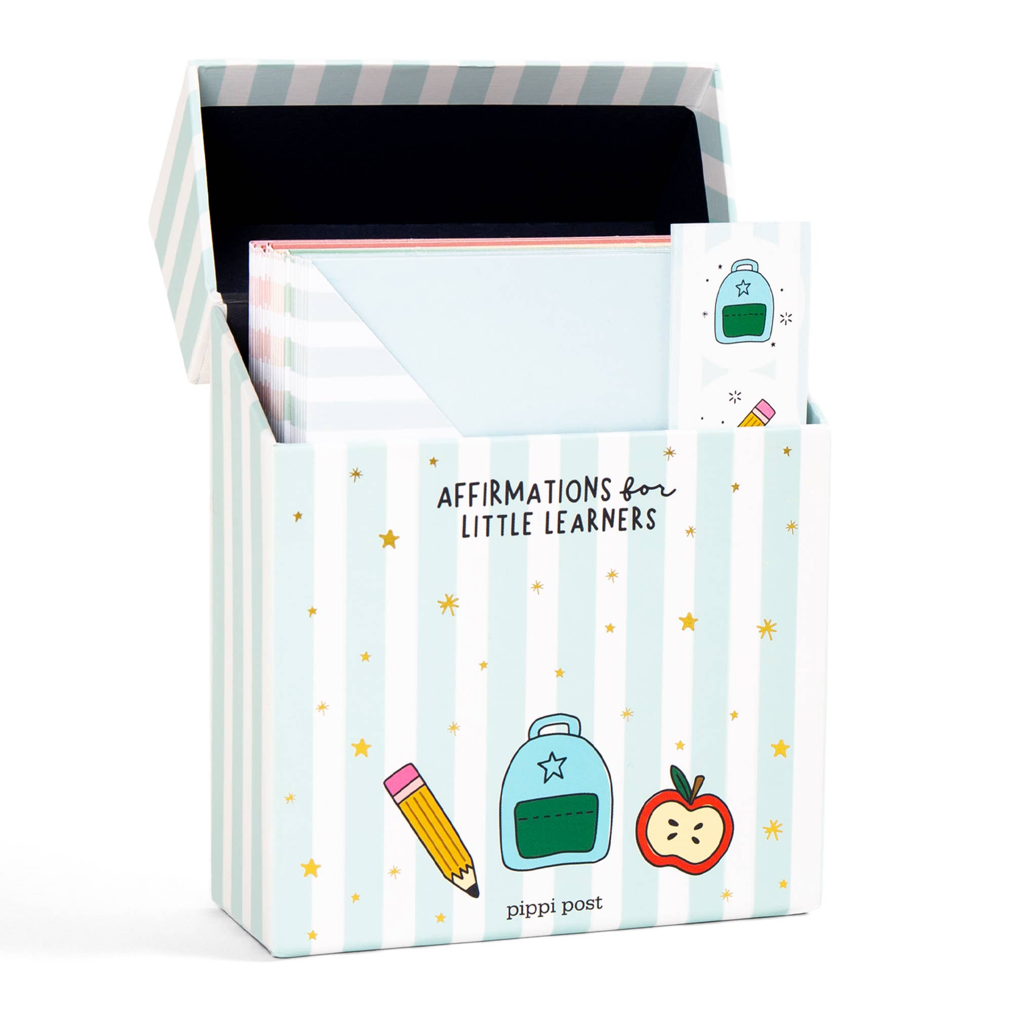 Pipi Post affirmation cards for children with a striped box on a white background