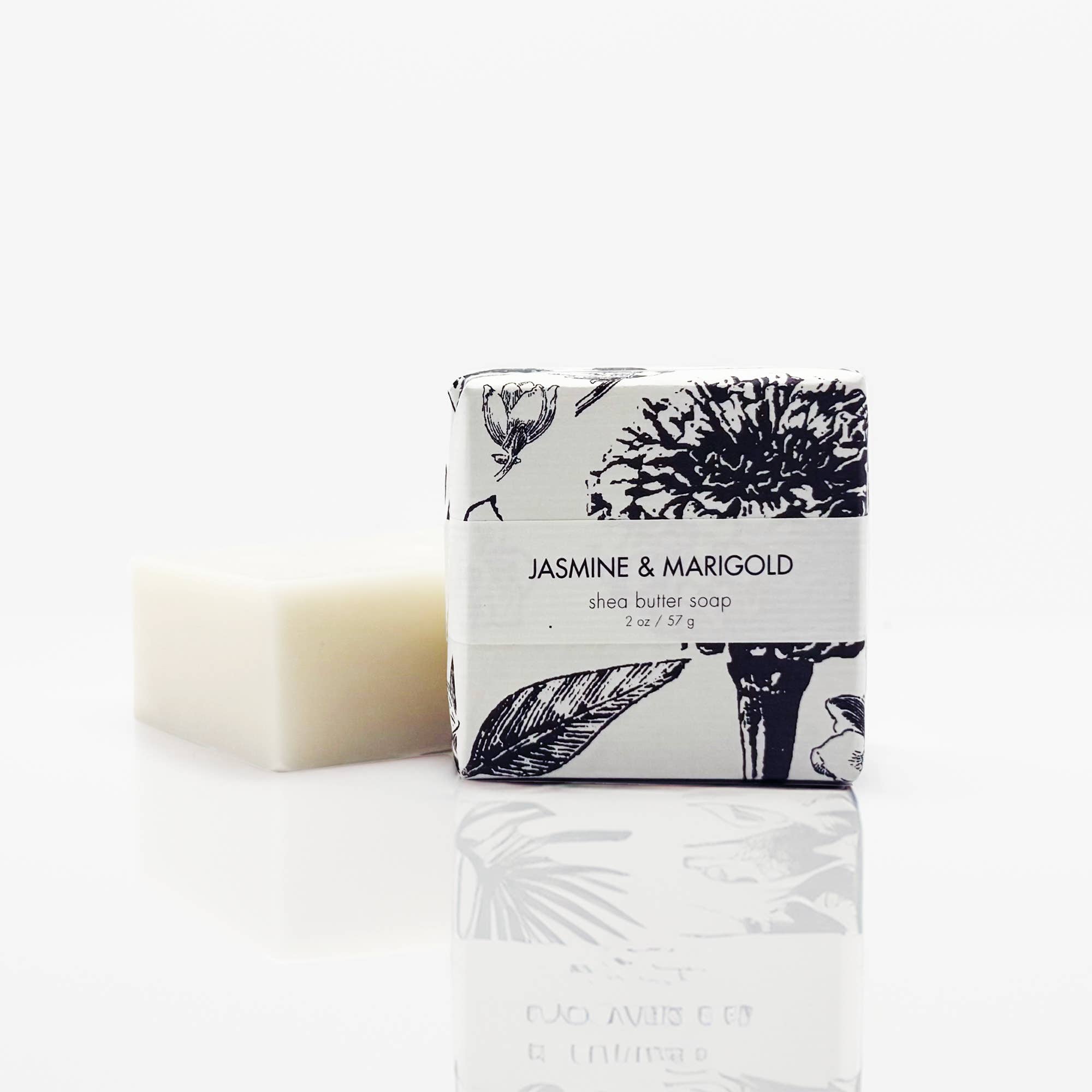 Bar of soap with a decorative packaging label on a white background