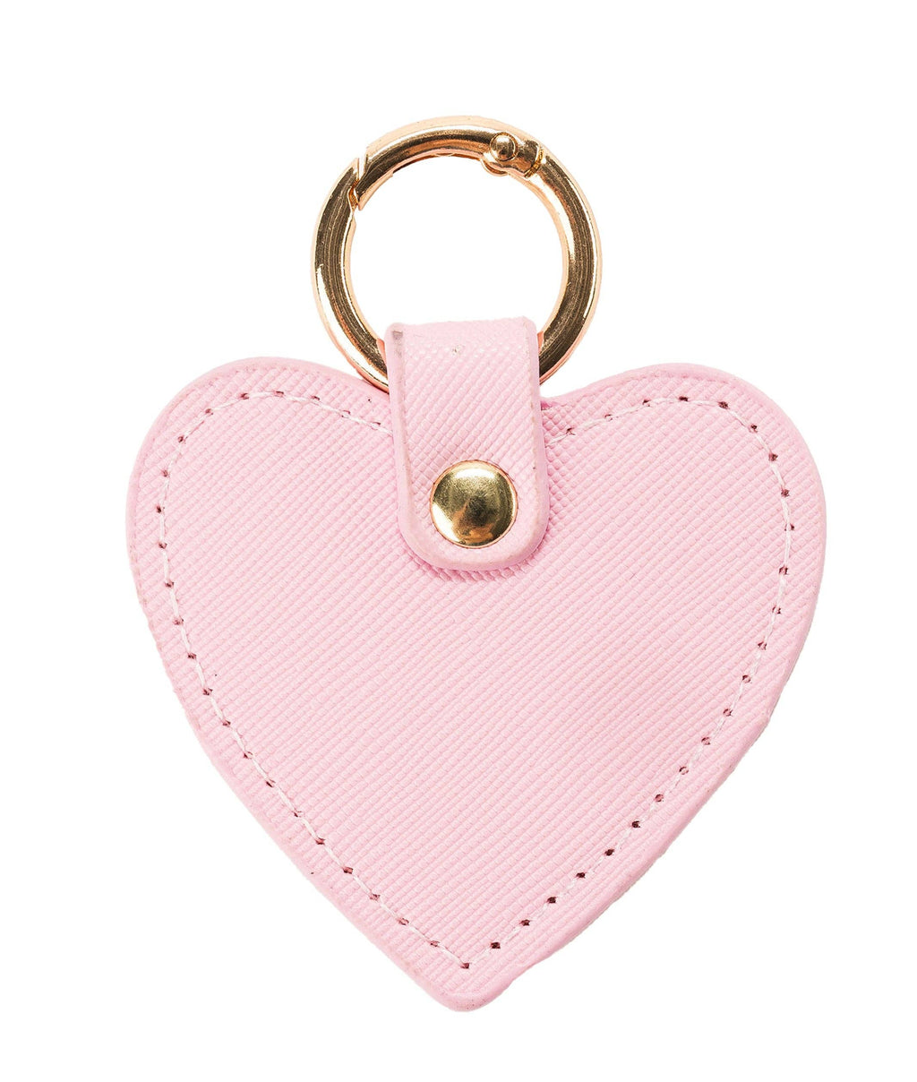 J’adore blush pink faux leather heart bag charm with stitched edges and a gold-tone O-ring clasp.