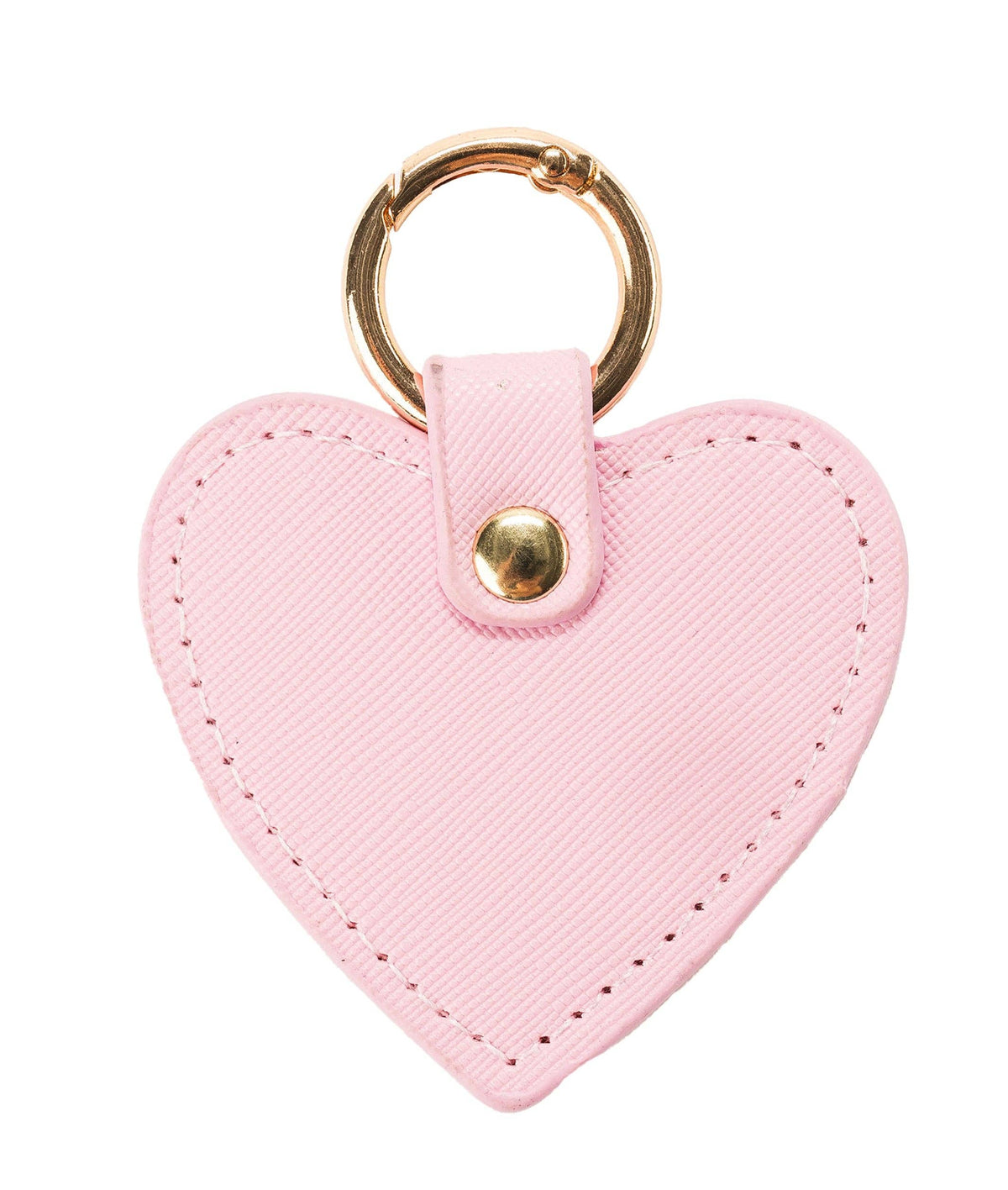 J’adore blush pink faux leather heart bag charm with stitched edges and a gold-tone O-ring clasp.