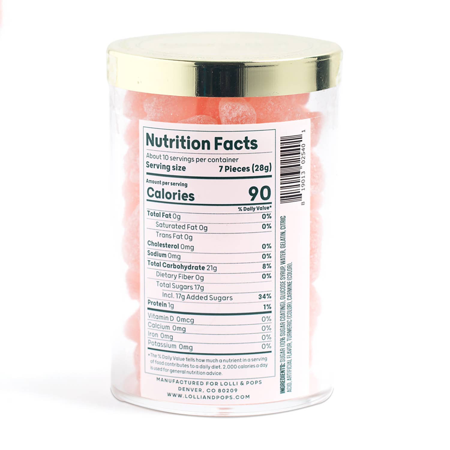 Nutrition facts label on a container of candy with a white background
