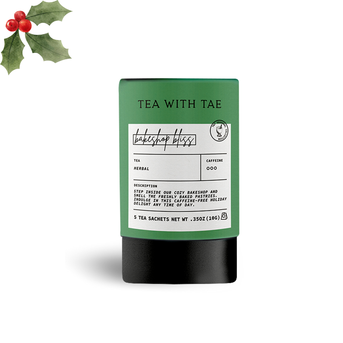 Tea packaging with a label and holly leaves on a white background