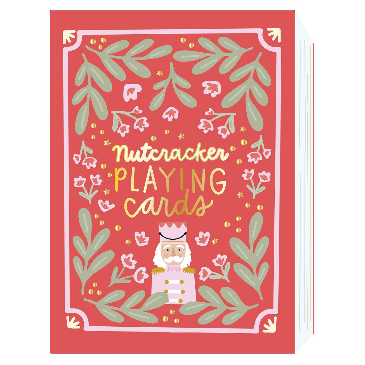 Card with 'Nutcracker Playing Cards' text and decorative elements on a red background