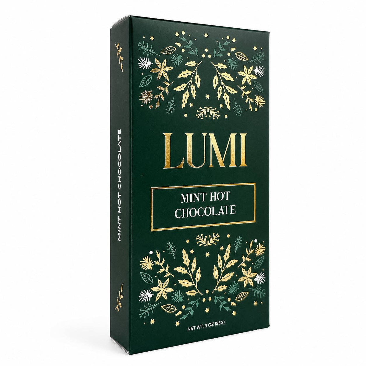 A dark green rectangular box of LUMI Mint Hot Chocolate, decorated with gold foil floral patterns and white text, shown on a clean white background.