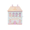 Decorative house-shaped card with pastel colors on a white background
