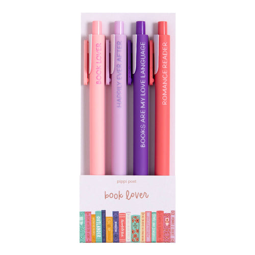 Book Lover four-piece gel pen set featuring pink and purple pens with book-inspired sayings.