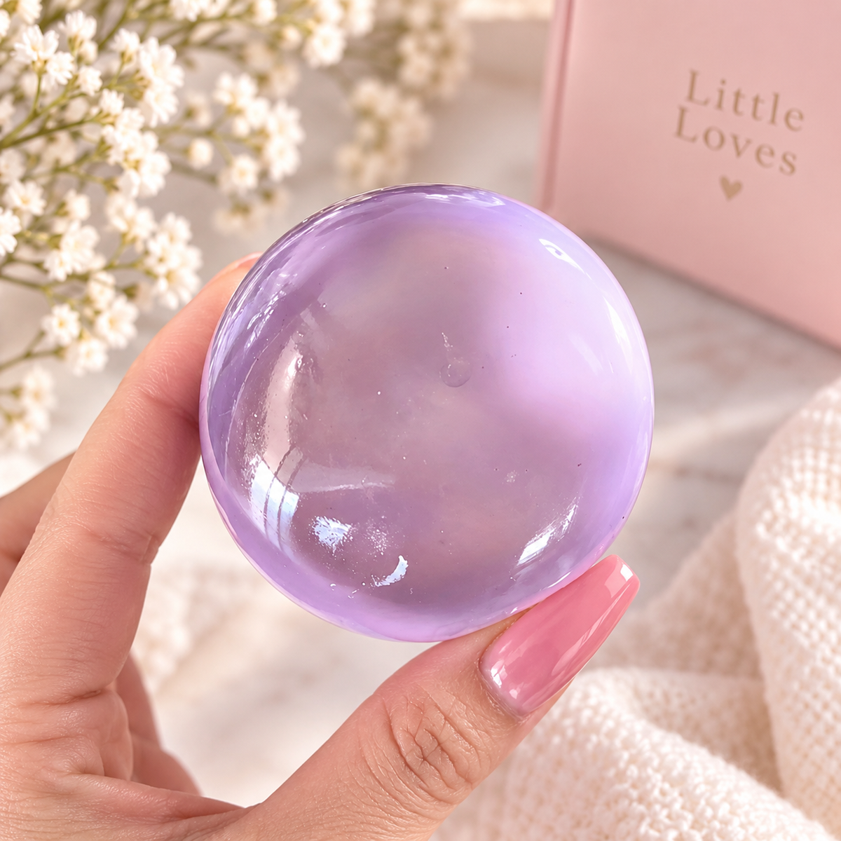 Glossy translucent lavender Taro Purple Jade Squishy Ball held between manicured fingers, styled with soft pink Little Loves packaging and delicate white flowers.