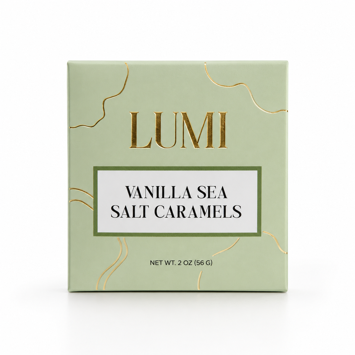 Box of Lumi Vanilla Sea Salt Caramels on a white background