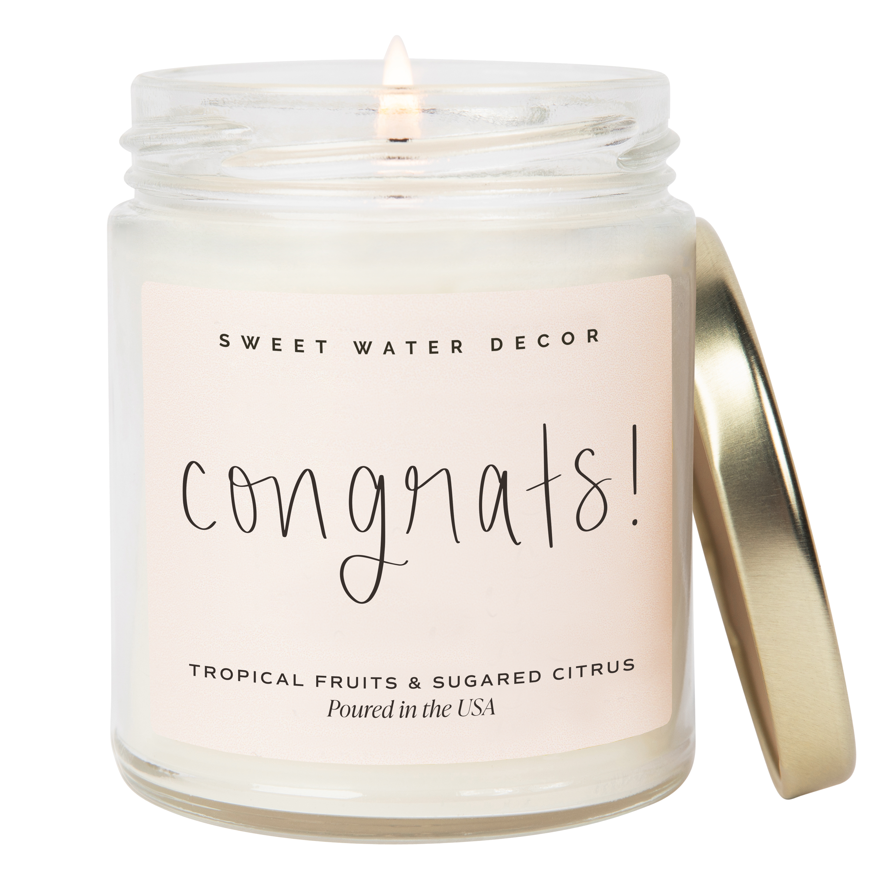 Candle in a jar with 'Congrats!' text and Sweet Water Decor branding.
