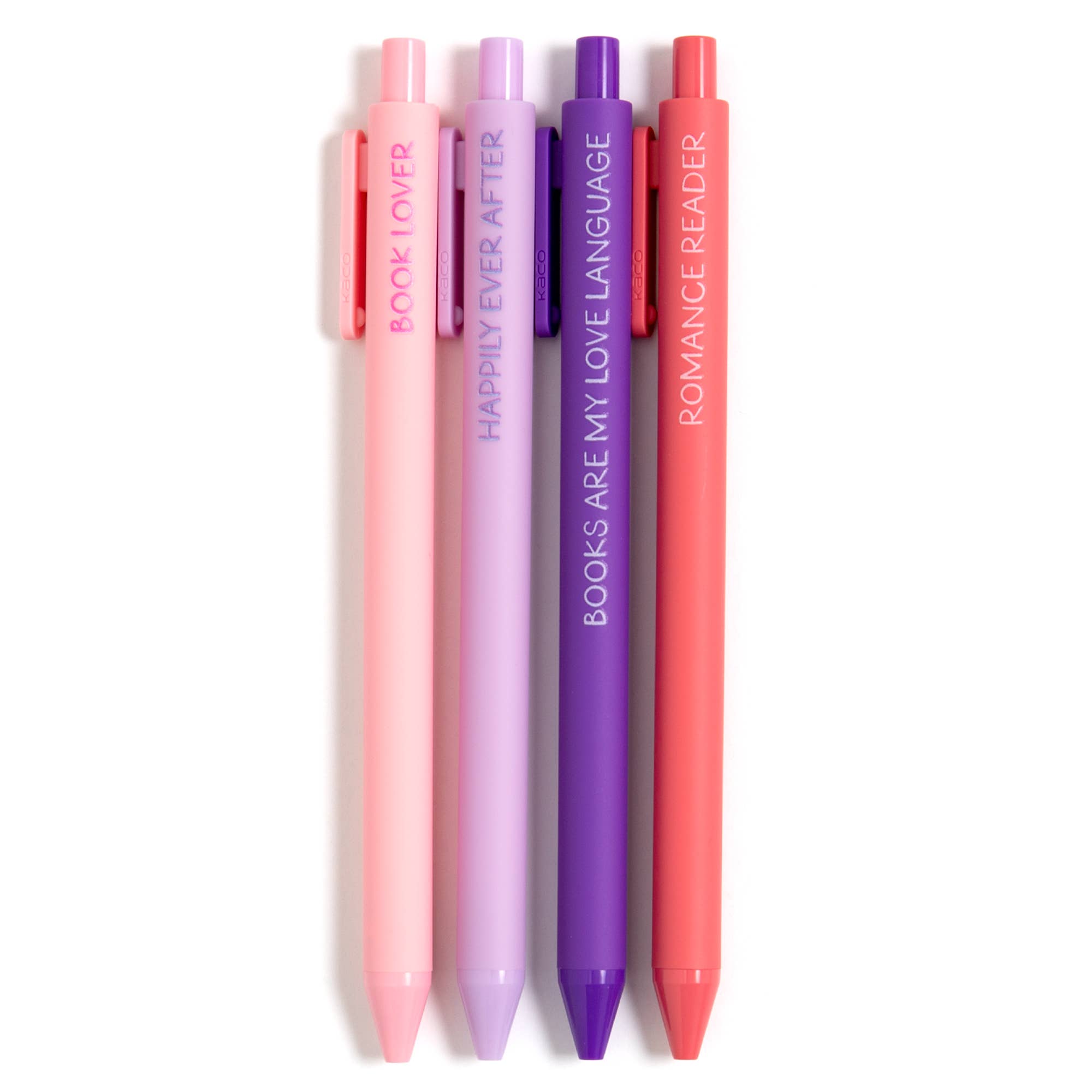 Book Lover gel pens displayed together showing all four literary-themed designs.