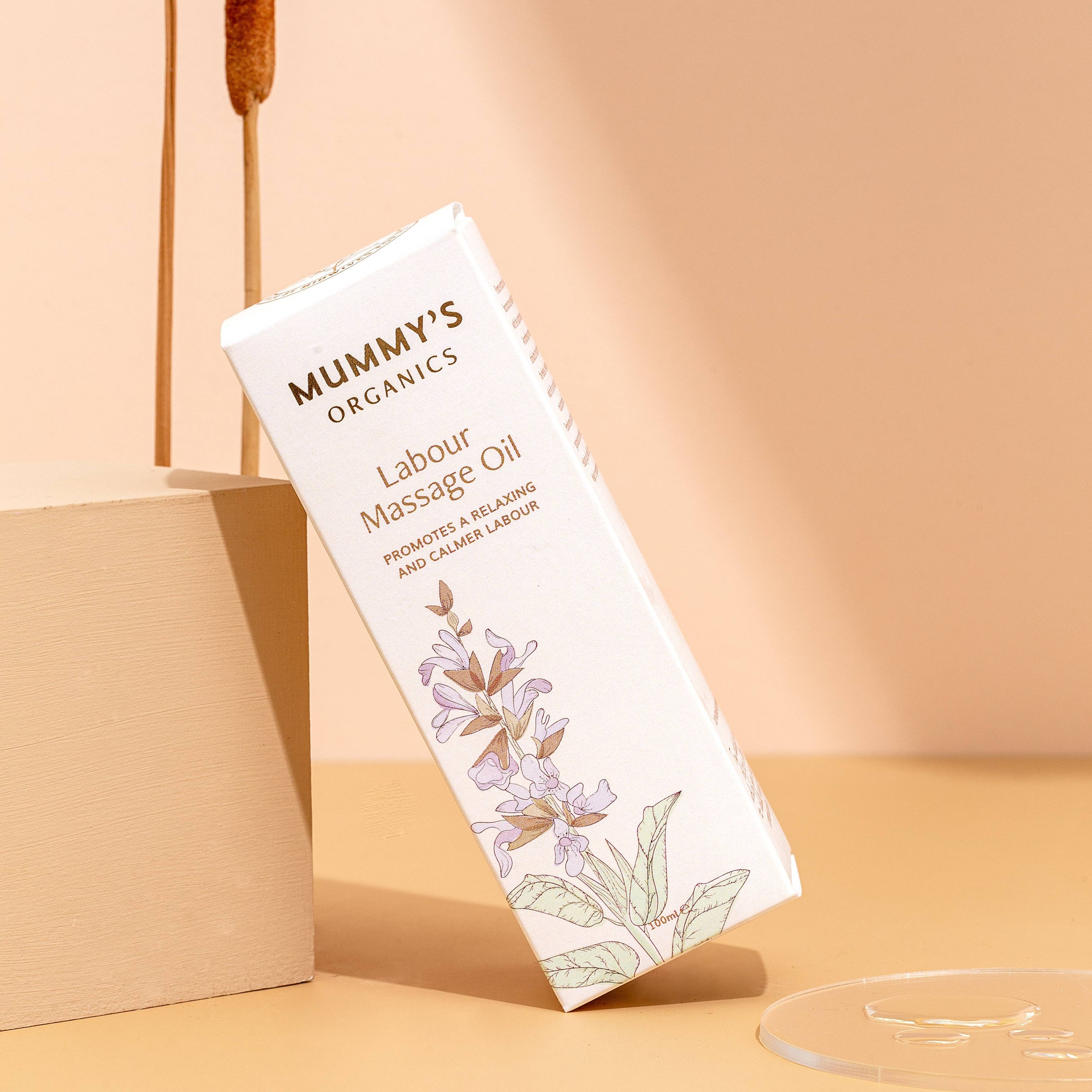 Natural Labour Massage Oil by Mummy's Organics with calming lavender, clary sage and frankincense essential oils for labour support and relaxation.
