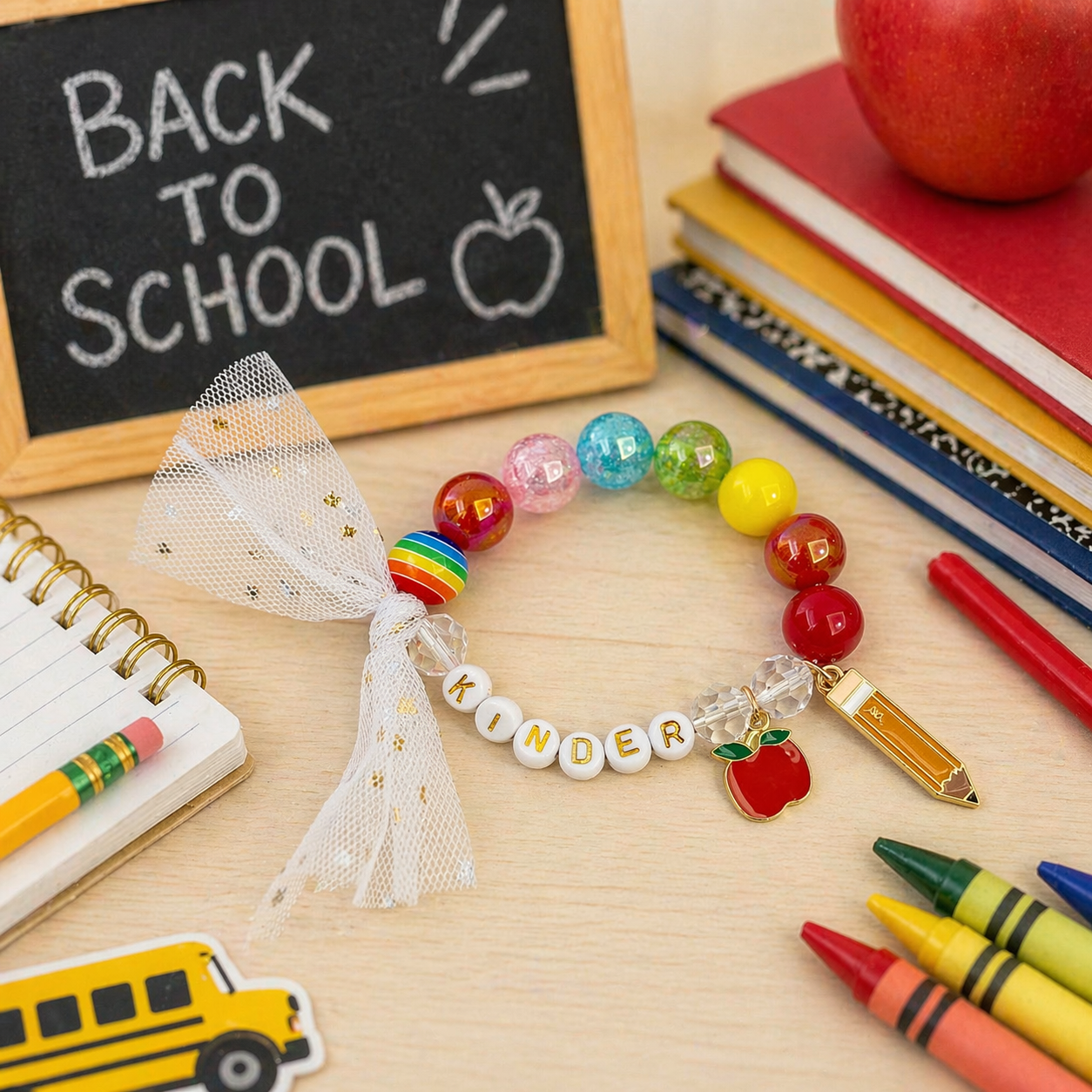 Colorful beaded bracelet with 'KINDER' on a wooden surface with school-themed items.