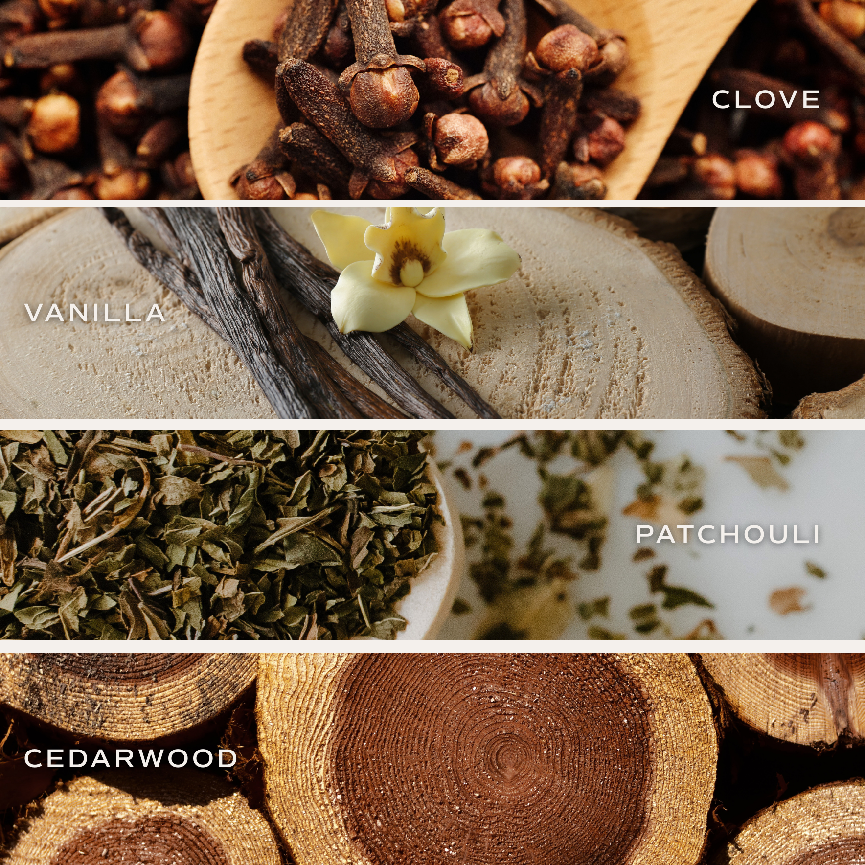 Collage of spices and wood with labels for clove, vanilla, patchouli, and cedarwood.