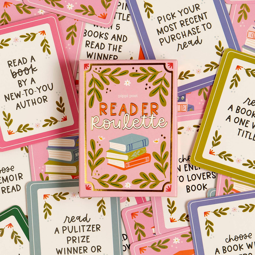 Reader Roulette card game with reading challenge cards by Pippi Post.