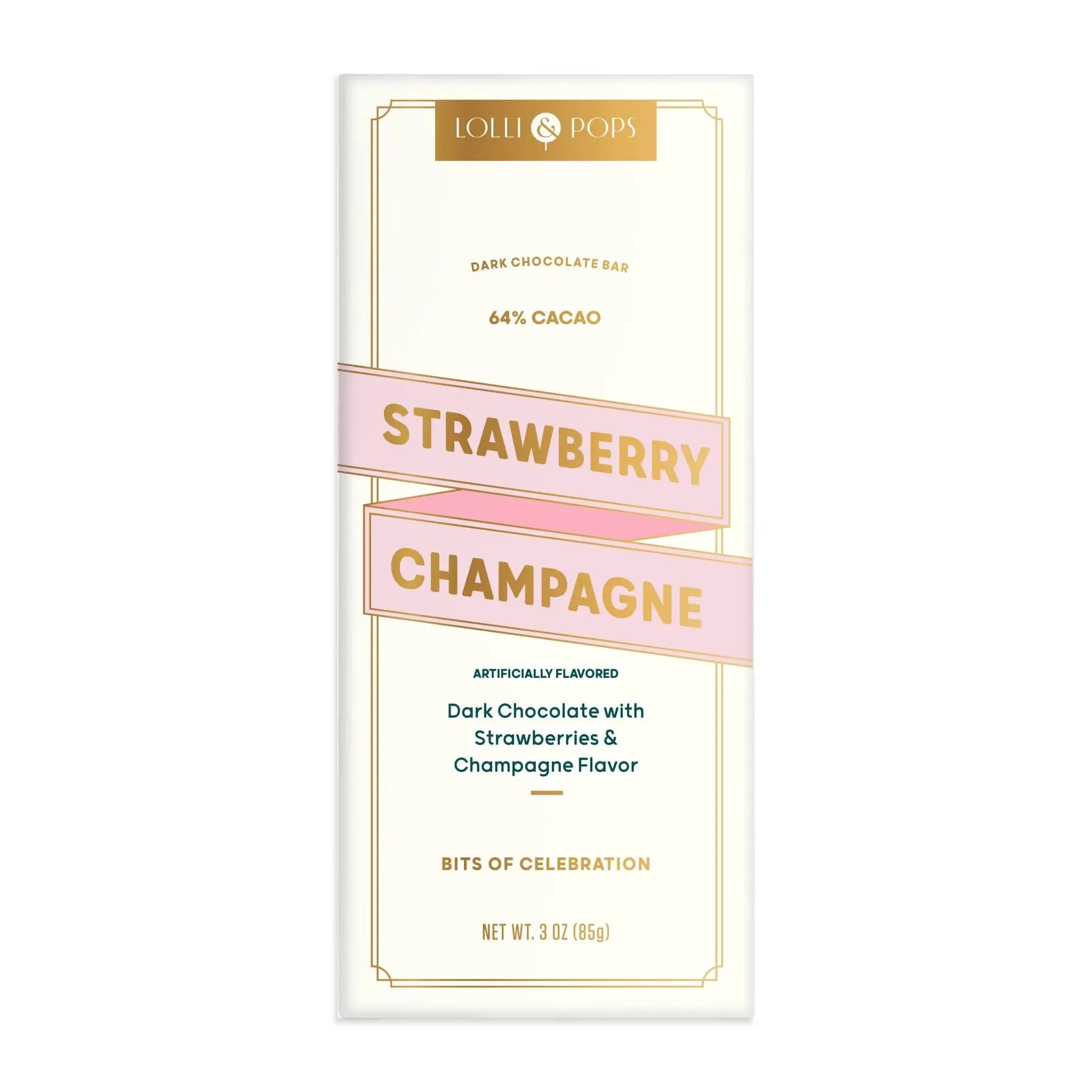 Dark chocolate bar packaging with strawberry and champagne flavor on a white background