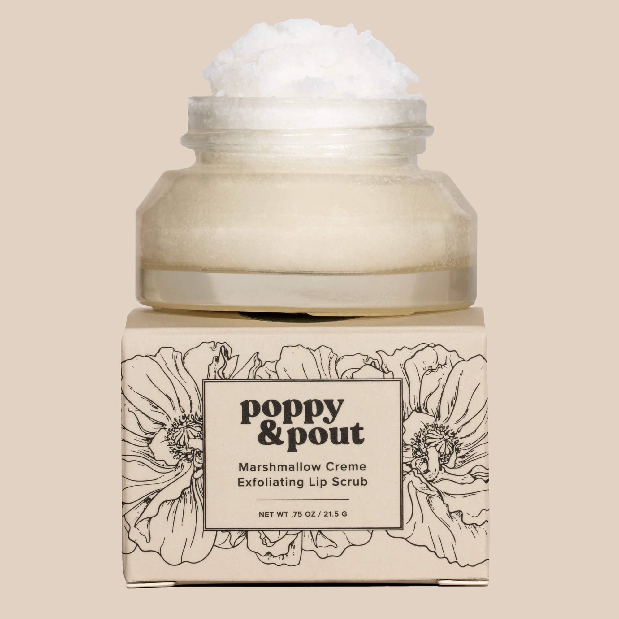 Jar of Poppy & Pout Marshmallow Creme Exfoliating Lip Scrub on a beige background