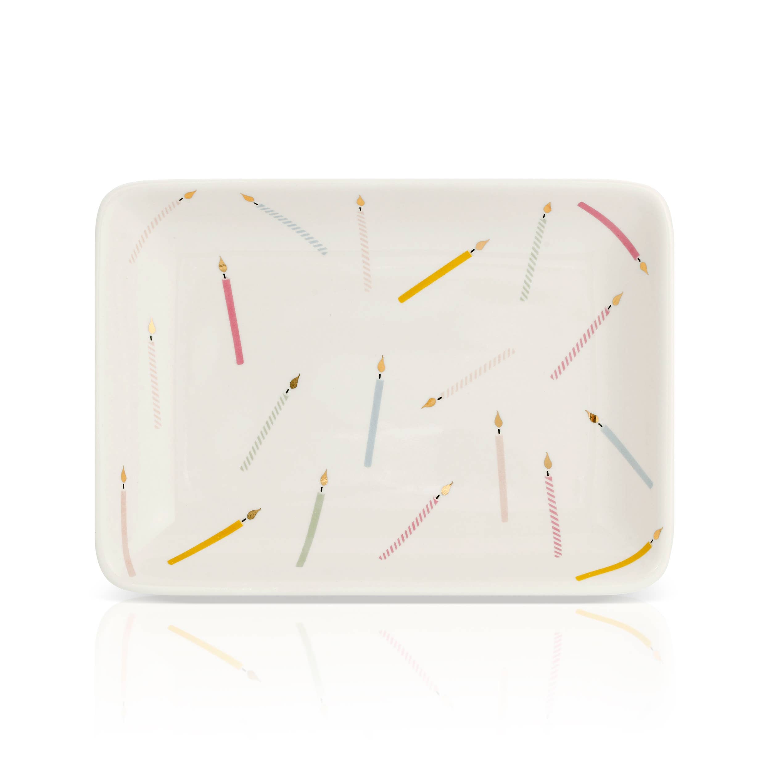 Rectangular ceramic tray with colorful pencil design on a white background